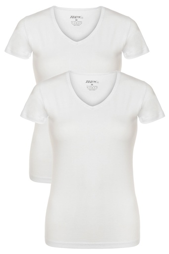 [TOLIN3227.02 BEYAZ S] Women's V-Neck T-shirt, Cotton-Elastane Blend 2-pack (WHITE, S)