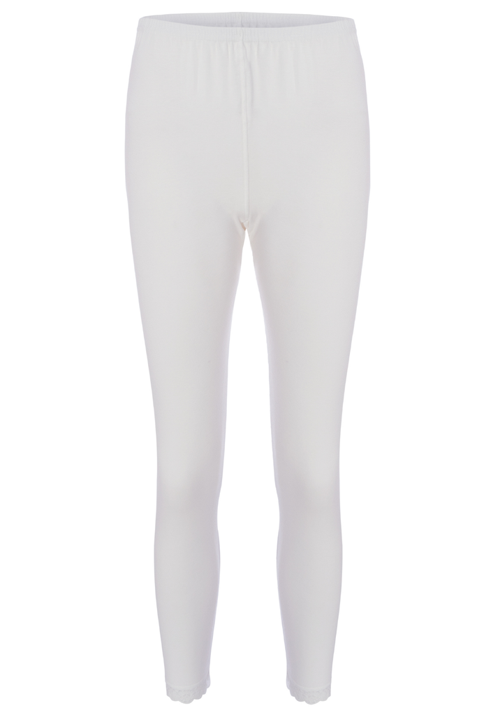 Women's Ribbed Lace Trim Full Length Leggings, 100% Cotton