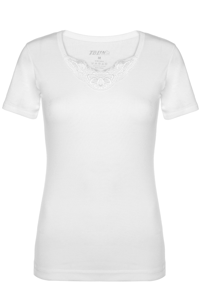 Women's Ribbed Crew Neck T-shirt with Lace Detailing, 100% Cotton