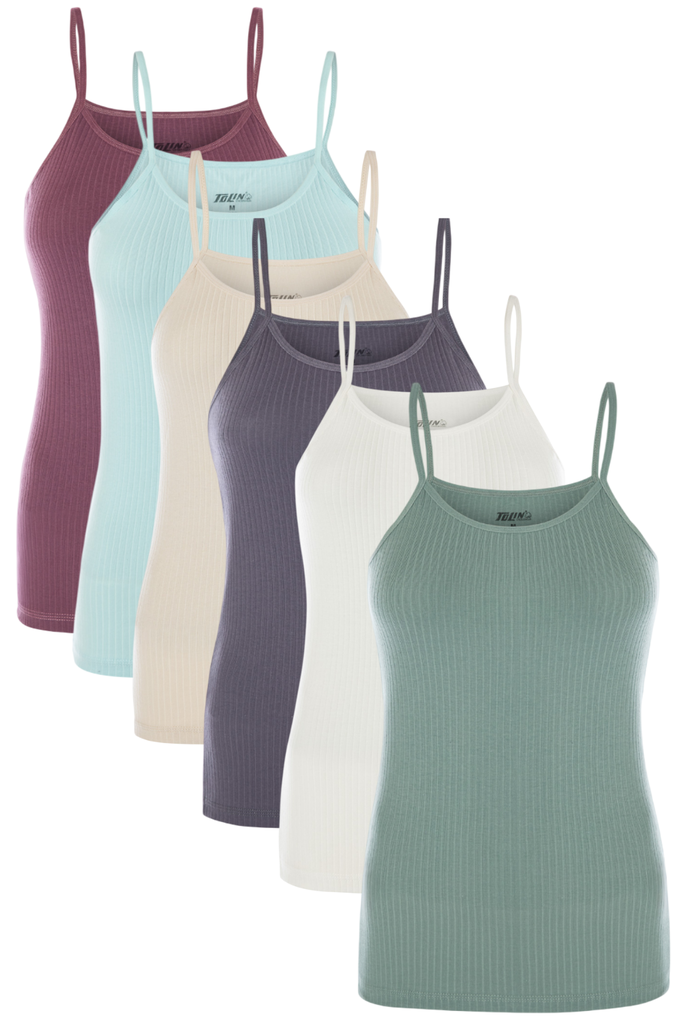 Women's Ribbed Spaghetti Strap Tank Top, Cotton-Elastane Blend 6-pack