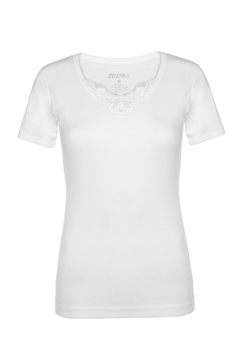 [TOLIN0322] Women's Ribbed Crew Neck T-shirt with Lace Detailing, 100% Cotton